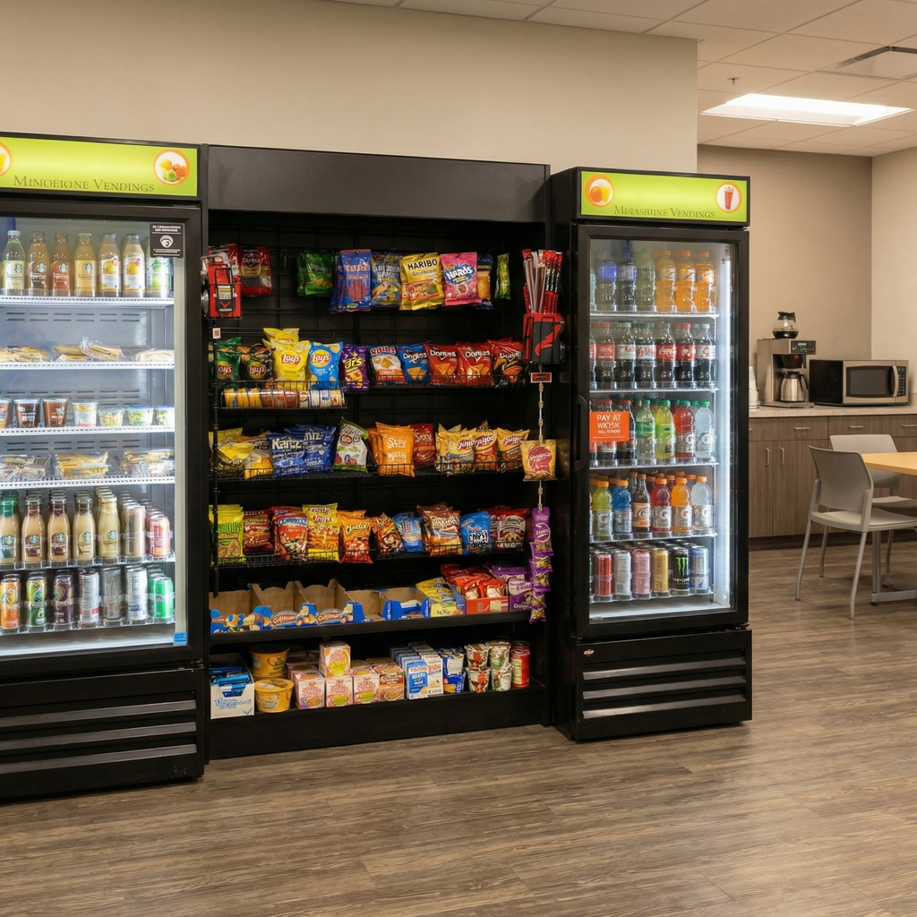 Modern micro market installation with self checkout and open layout shelving